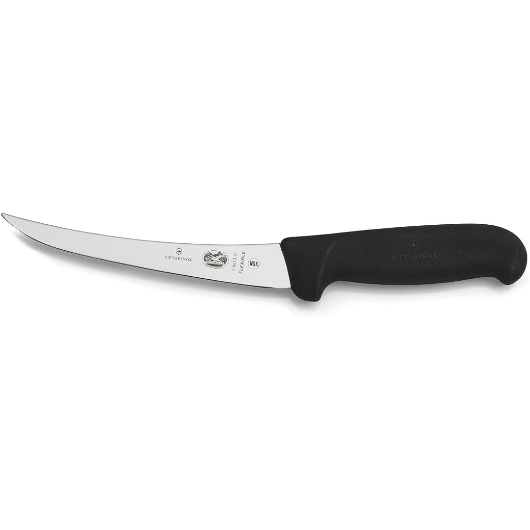 Victorinox Fibrox Curved Boning & Fillet Knife, Flexible Blade for Meat & Poultry, 6-Inch, Black