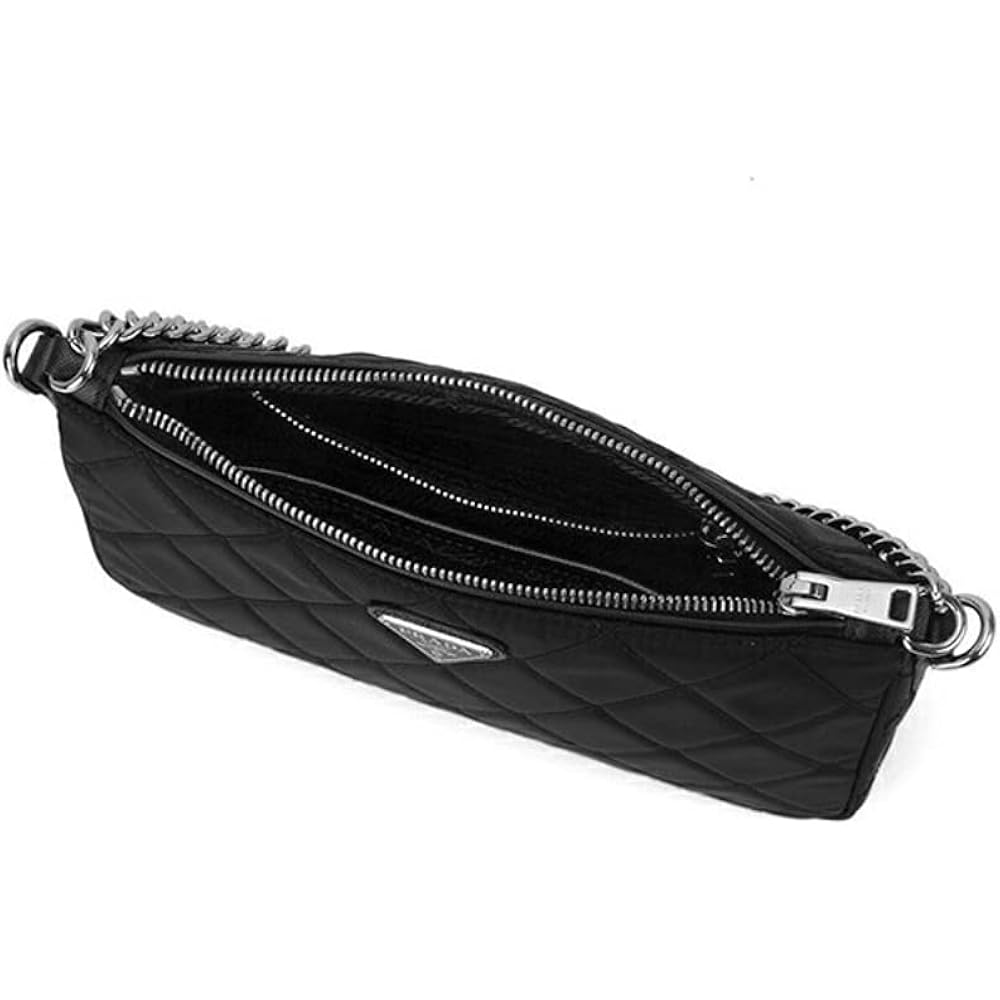 Prada Black Quilted Tessuto Nylon Chain Crossbody Bag Silver Hardware Adjustable Strap Zipper Closure Designer Shoulder Purse New