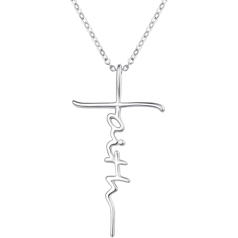 PRAYMOS Faith Cross Necklace for Women 925 Sterling Silver Pendant Necklace With Birthstone Initial Christian Religious Confirmation Baptism Mothers Day Gifts