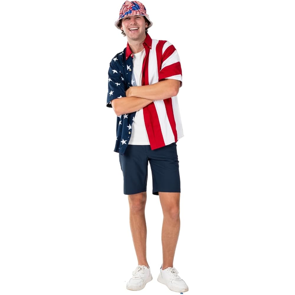 Flagshirt Men'S Half Stars Half Stripes American Flag Shirt - Button-Up, Red, White & Blue