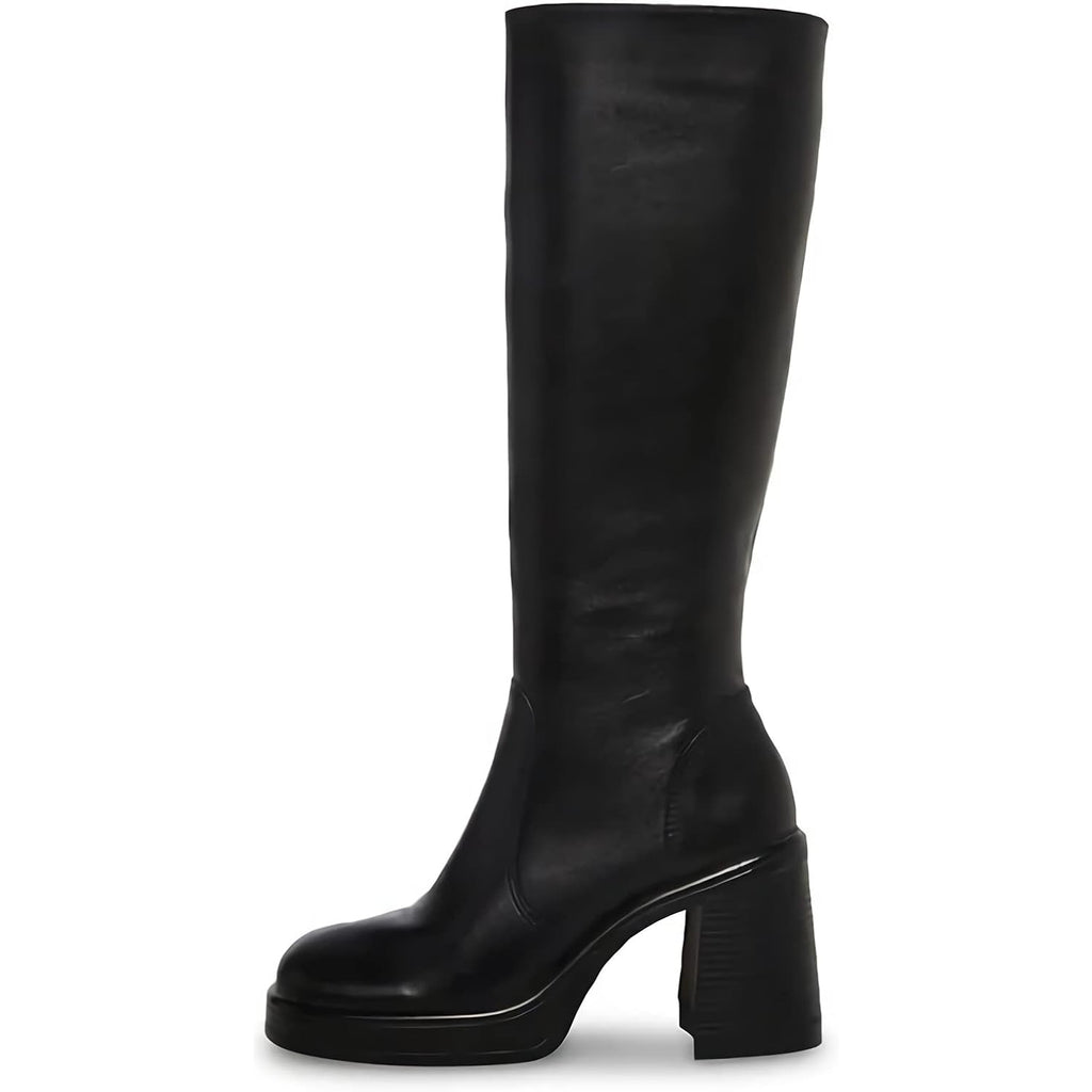 Black Leather Boots Platform Boots For Women Fashion Square Toe Chunky Block Heeled Boots Side Zip
