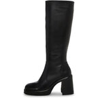 Black Leather Boots Platform Boots For Women Fashion Square Toe Chunky Block Heeled Boots Side Zip