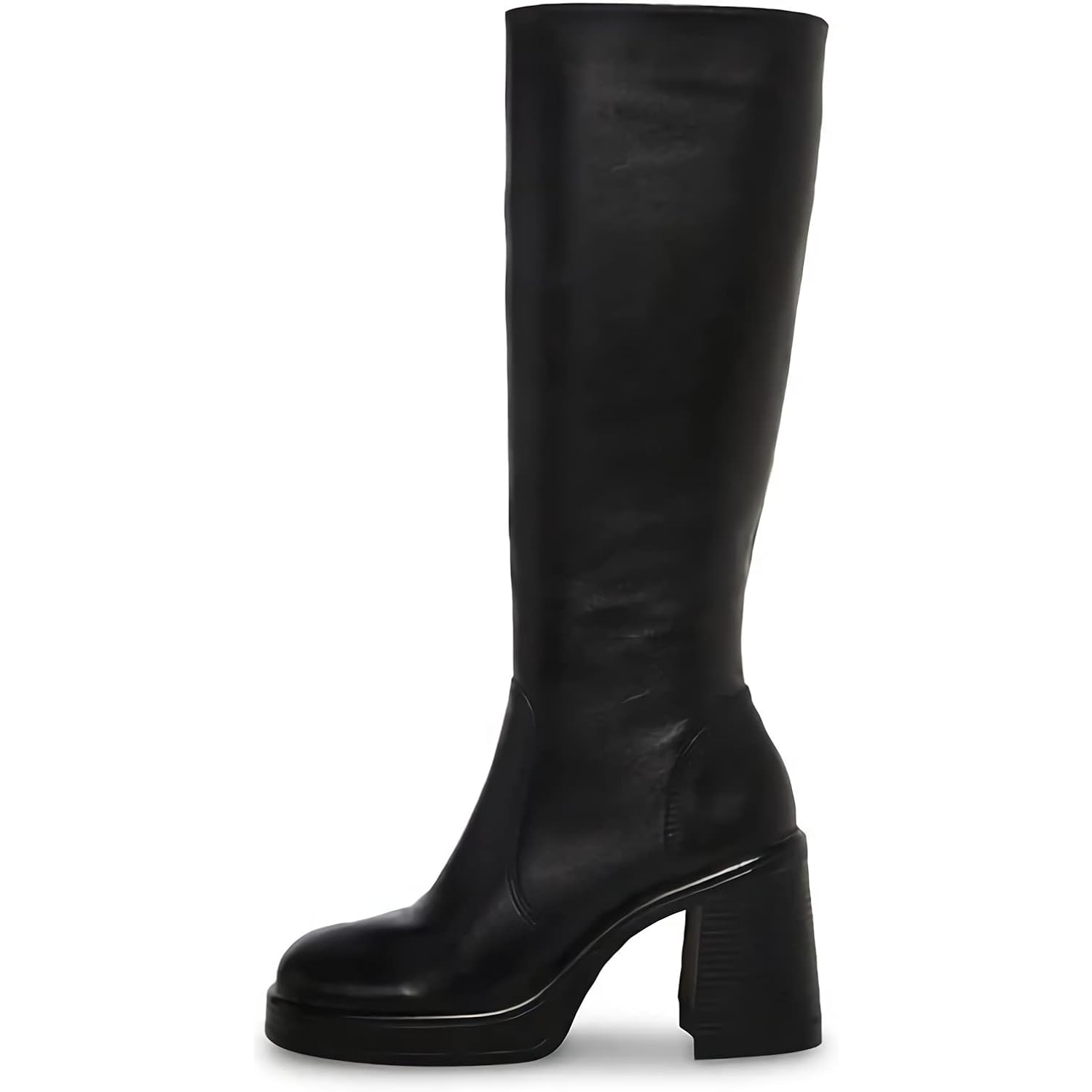 Black Leather Boots Platform Boots For Women Fashion Square Toe Chunky Block Heeled Boots Side Zip