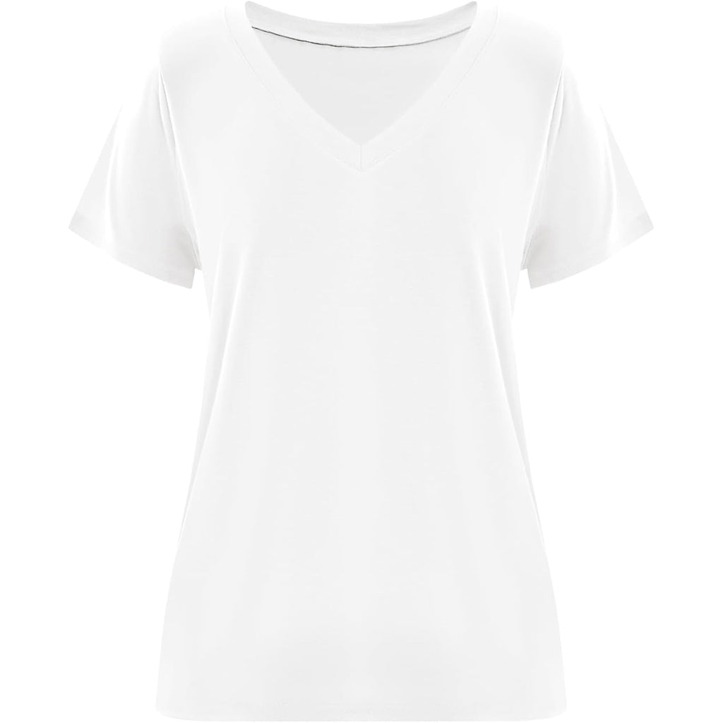 Imily Bela Womens V Neck Short Sleeve T-Shirt Loose Fit Solid Color Basic Tee Lightweight Non-Sheer Summer Tunic Tops