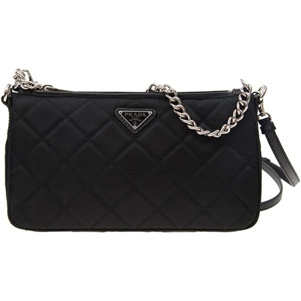 Prada Black Quilted Tessuto Nylon Chain Crossbody Bag Silver Hardware Adjustable Strap Zipper Closure Designer Shoulder Purse New