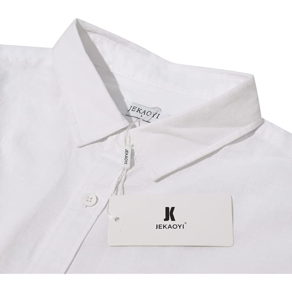 Jekaoyi Mens Summer Casual Long Sleeve Cotton Linen Shirts Button Up Solid Plain Roll-Up Sleeve Beach Shirts