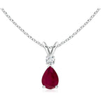 Angara Ruby Teardrop Necklace with Diamond in Silver/14K Solid Gold/Platinum | Natural Prong-Set Ruby V-Bale Pendant With 18" Chain for Women | July Birthday Gemstone Jewelry Gift