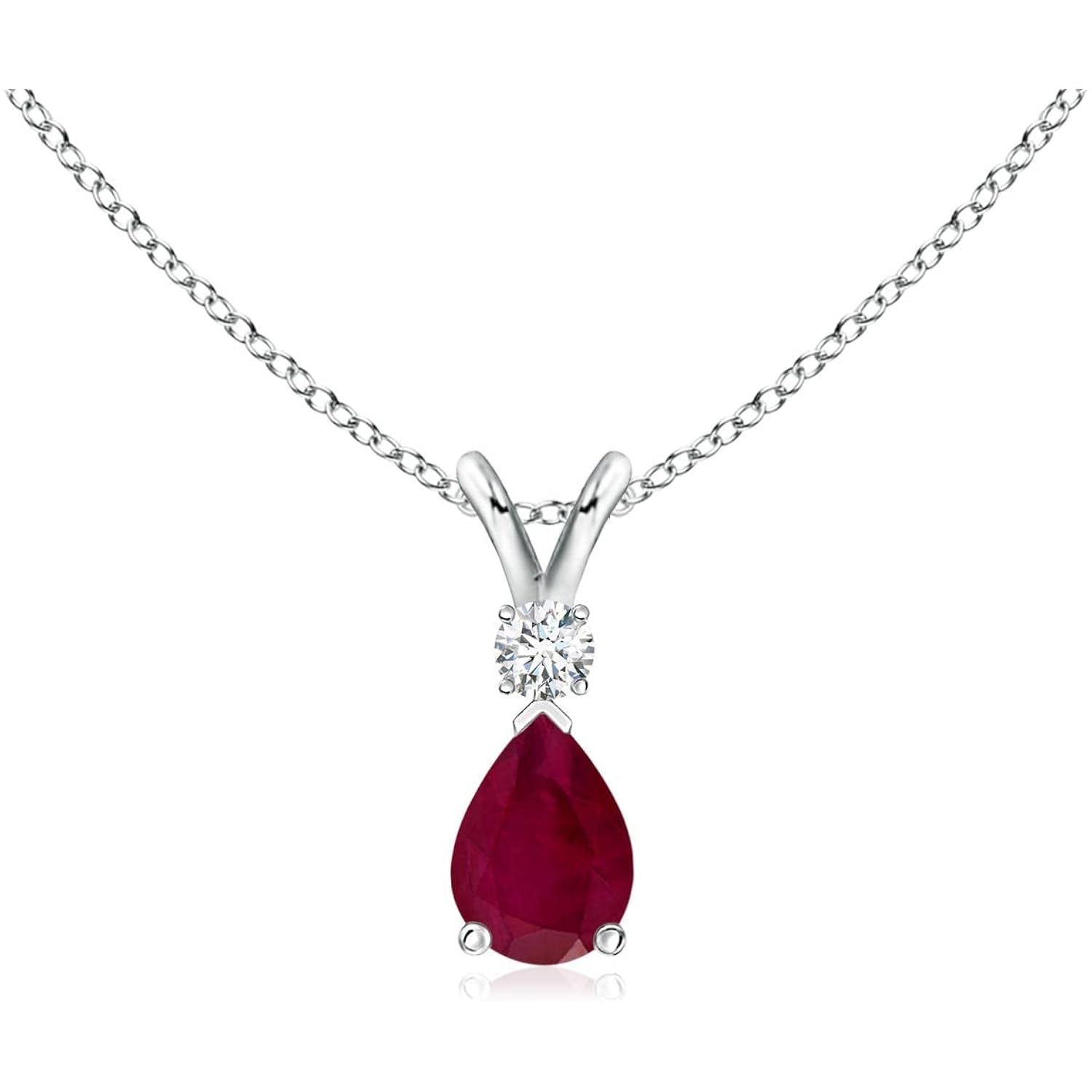 Angara Ruby Teardrop Necklace with Diamond in Silver/14K Solid Gold/Platinum | Natural Prong-Set Ruby V-Bale Pendant With 18" Chain for Women | July Birthday Gemstone Jewelry Gift