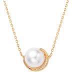 Pearl Necklace Yellow Gold 9K/14K/18K for Women, Elegant Moon Collier Necklace Real Gold with 7.5-8mm Saltwater Pearl and Diamonds