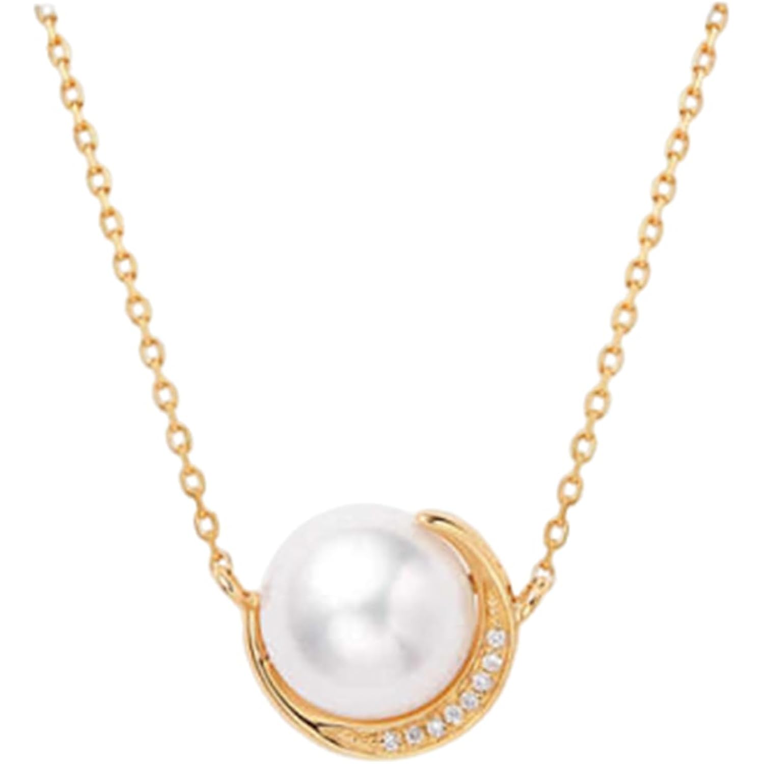 Pearl Necklace Yellow Gold 9K/14K/18K for Women, Elegant Moon Collier Necklace Real Gold with 7.5-8mm Saltwater Pearl and Diamonds