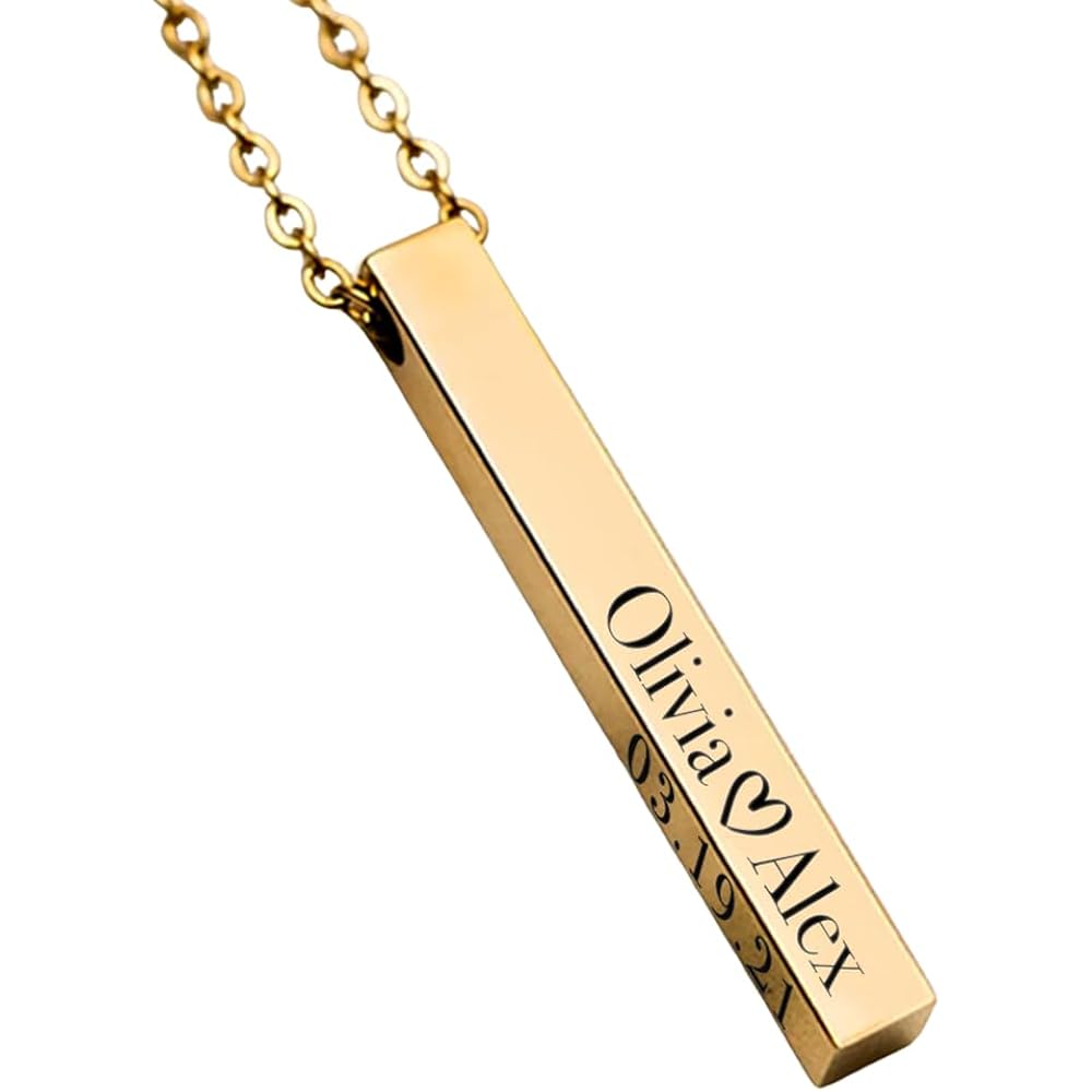 Elosh Customized Elegance 3D Vertical Bar Necklace with Engraved Name Pendant Personalized with your text Custom made