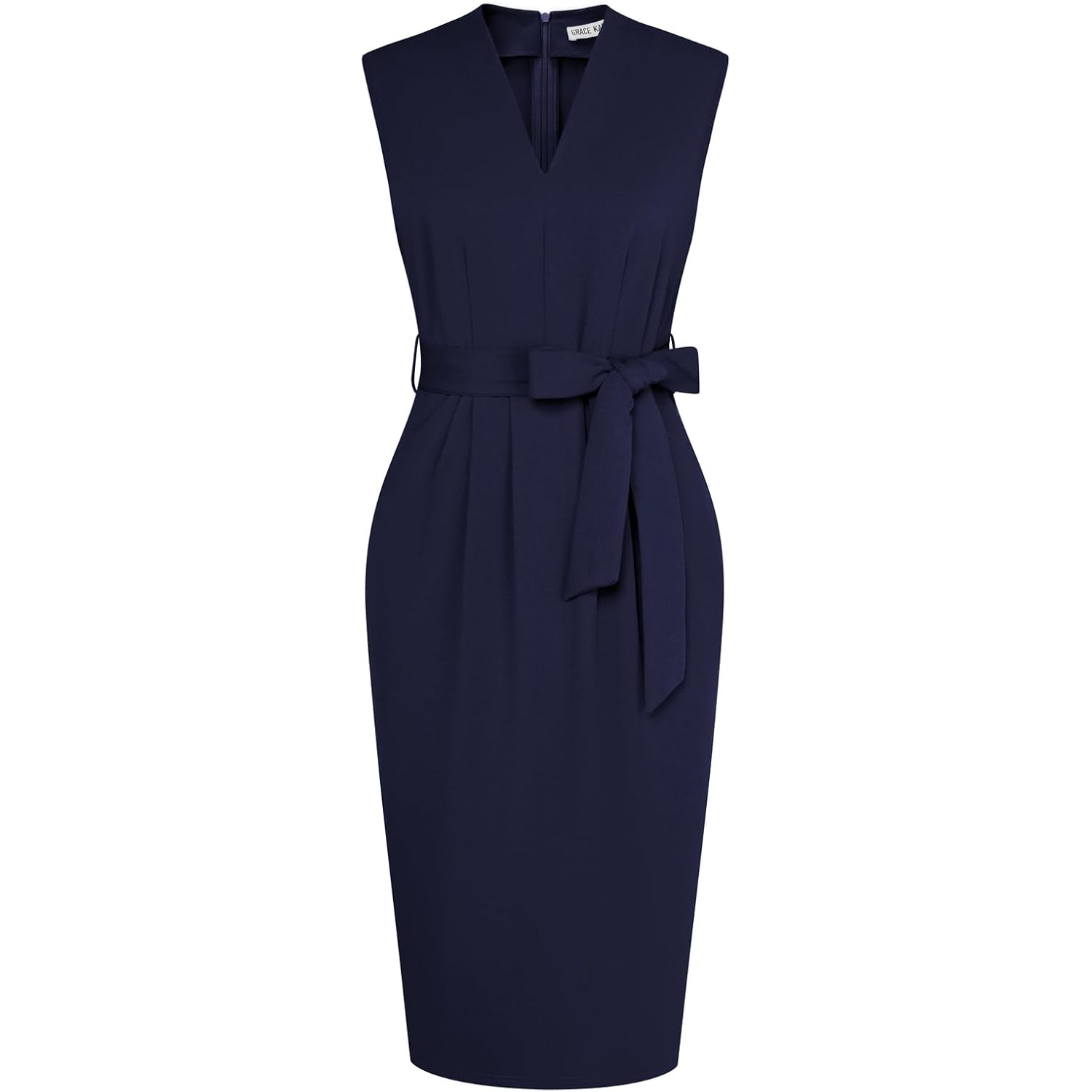 Women's Business Dresses Sleeveless V Neck Bodycon Sheath Dress Zipper Up Office Work Dress with Pockets