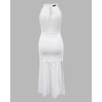 Chicme Womens Summer Halter Ruched Bodycon Long Dresses Hollow Out A Line Eyelet Embroidery & Side Slit Vacation Tank Dress
