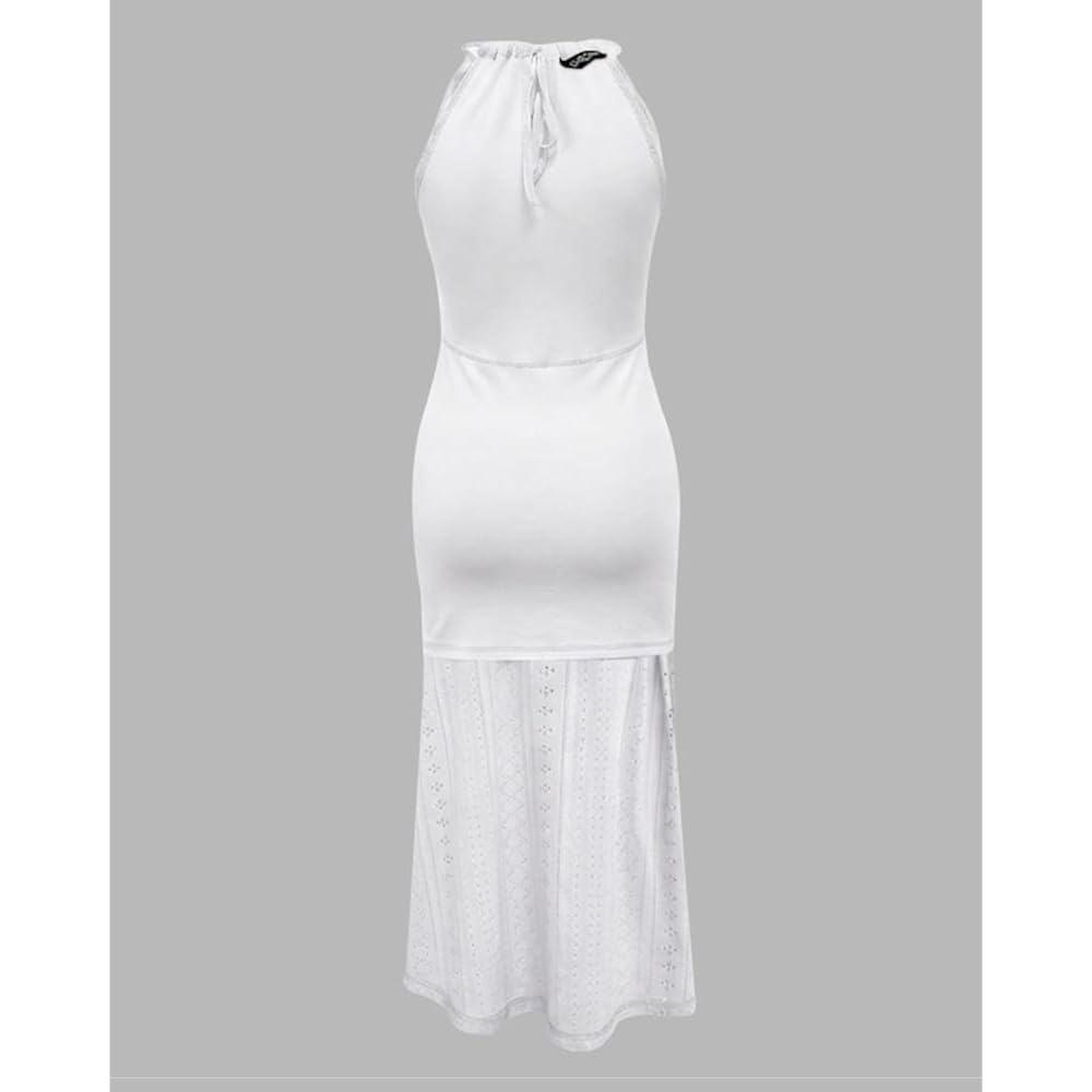 Chicme Womens Summer Halter Ruched Bodycon Long Dresses Hollow Out A Line Eyelet Embroidery & Side Slit Vacation Tank Dress
