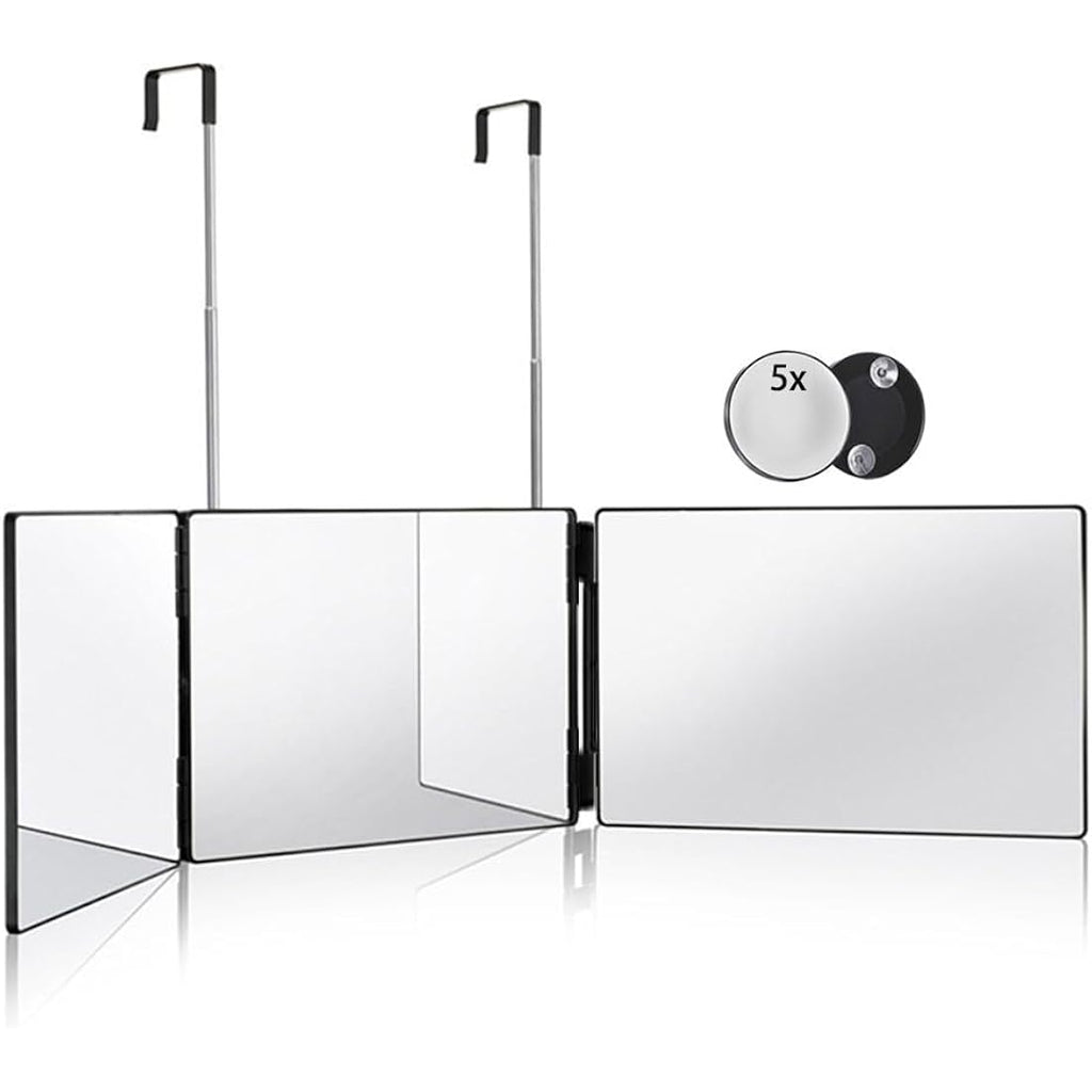 Hieey 3 Way Mirror For Hair Cutting,360 Trifold Mirror With Height Adjustable Telescoping Hooks,And 5X Magnification,For Makeup, Hair Styling