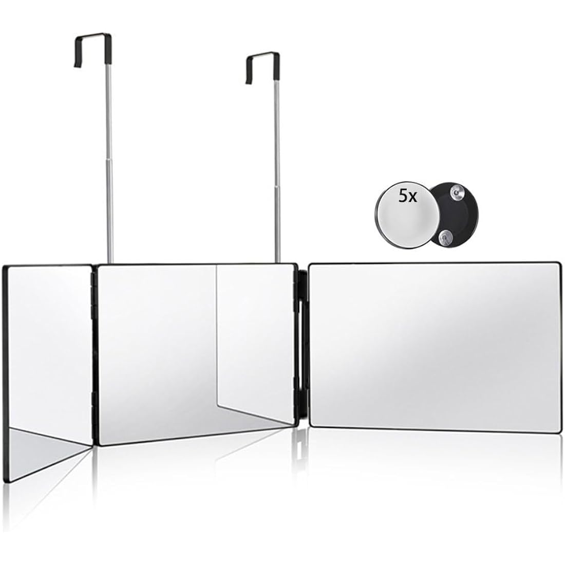 Hieey 3 Way Mirror For Hair Cutting,360 Trifold Mirror With Height Adjustable Telescoping Hooks,And 5X Magnification,For Makeup, Hair Styling