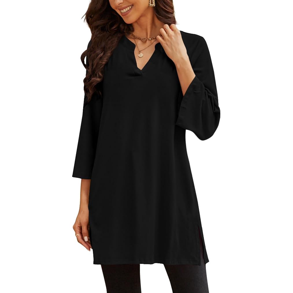 Womens Tunic Tops 3/4 Bell Sleeve Loose Fit Tunics Dressy Casual Side Split Flare Top for Leggings S-3XL