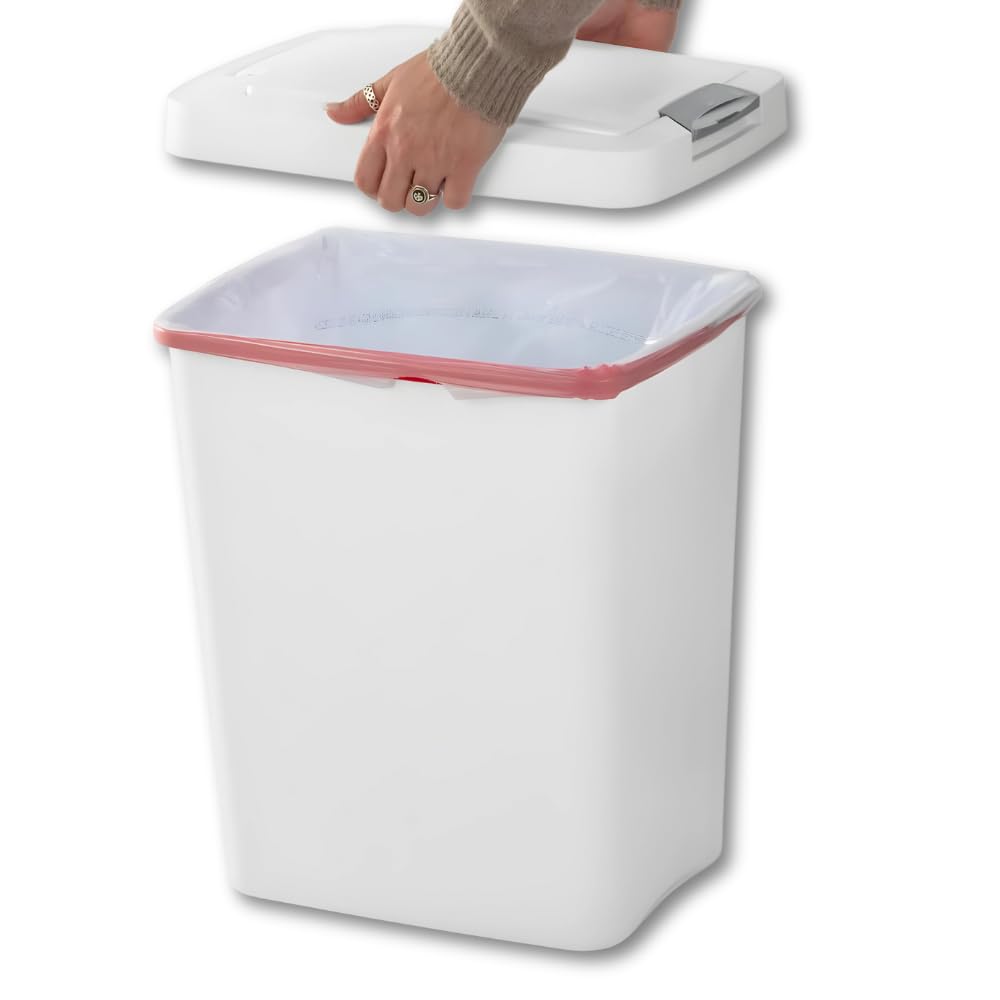 7.5 Gallon White Wastebasket With Touch-Open Lid: Ideal Office Trash Can, Under Sink Trash Can, Or Garbage Can With Lid For Kitchen, Bathroom, Mudroom