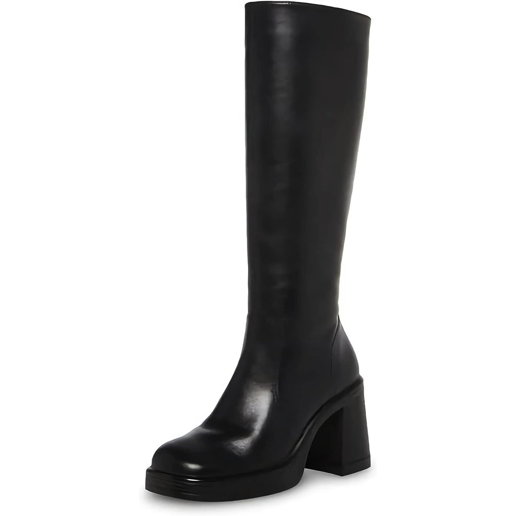 Black Leather Boots Platform Boots For Women Fashion Square Toe Chunky Block Heeled Boots Side Zip
