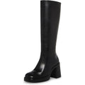 Black Leather Boots Platform Boots For Women Fashion Square Toe Chunky Block Heeled Boots Side Zip