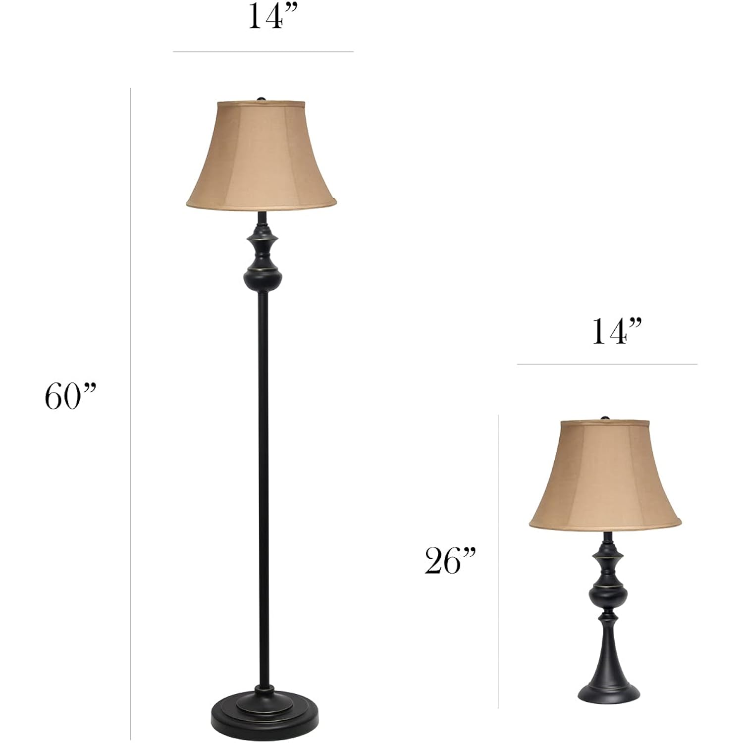 Elegant Designs Lc1019-Rbz Traditionally Crafted 3 Pack Lamp Set (2 Table Lamps, 1 Floor Lamp) With Tan Fabric Shades, Restoration Bronze