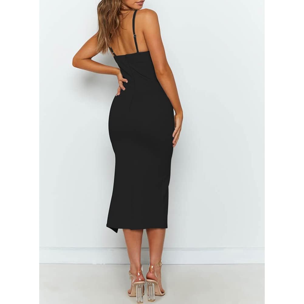 Owin Women'S Adjustable Spaghetti Straps Sleeveless High Waist Split Midi Bodycon Cocktail Party Dress