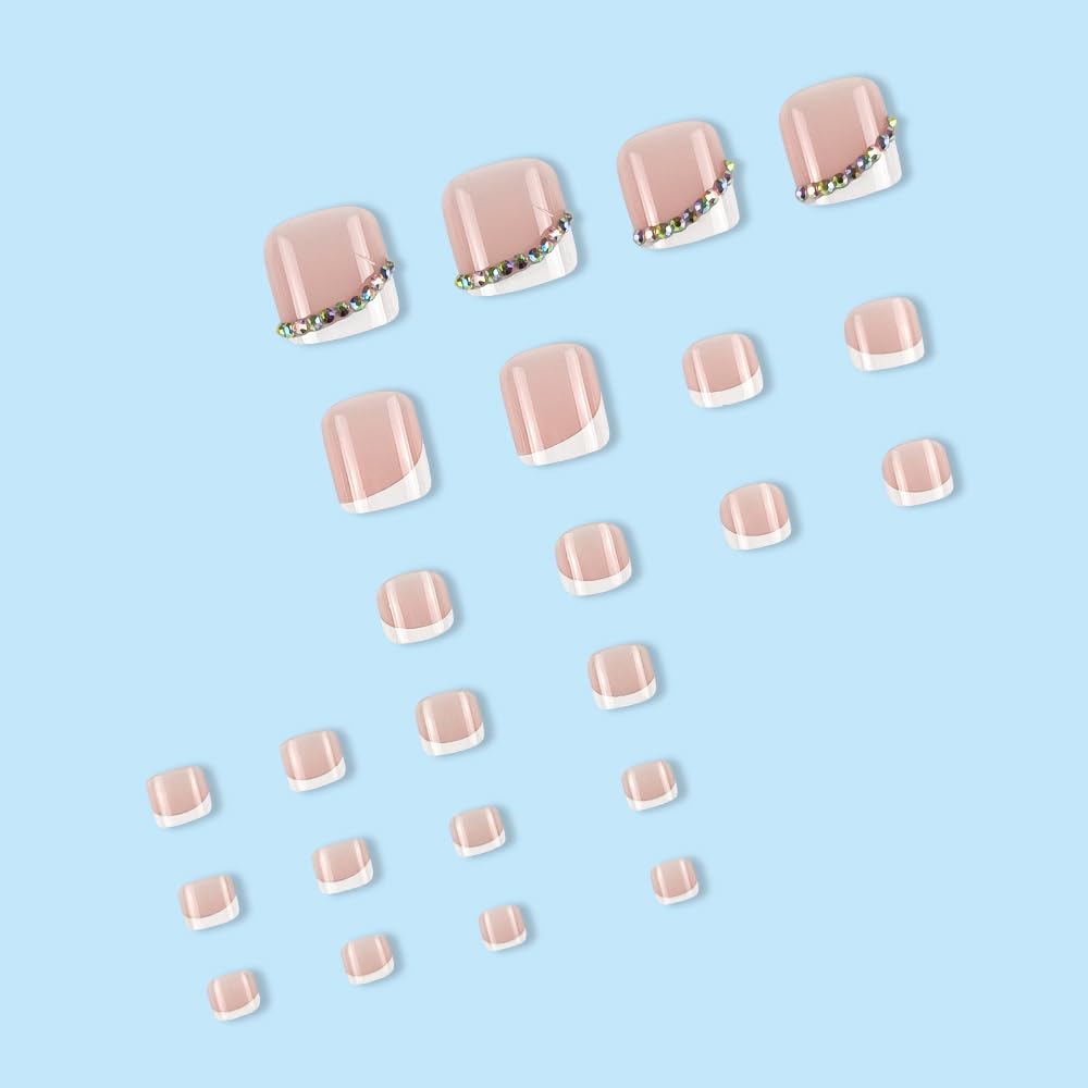 White French Tip Press on Toenails Short Square Fake Toe Nails with Rhinestone Design Acrylic Toe Nails White Toenail Tips Glossy Glue on Toenails for Women and Girls Manicure Decorations 24 Pcs