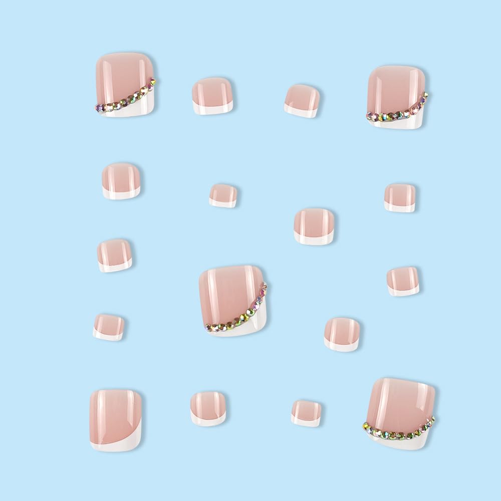 White French Tip Press on Toenails Short Square Fake Toe Nails with Rhinestone Design Acrylic Toe Nails White Toenail Tips Glossy Glue on Toenails for Women and Girls Manicure Decorations 24 Pcs