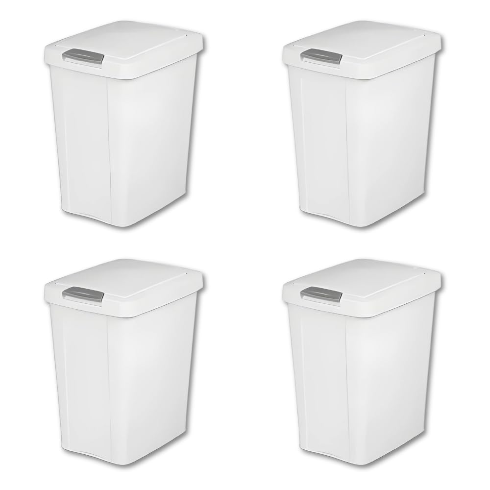 7.5 Gallon White Wastebasket With Touch-Open Lid: Ideal Office Trash Can, Under Sink Trash Can, Or Garbage Can With Lid For Kitchen, Bathroom, Mudroom