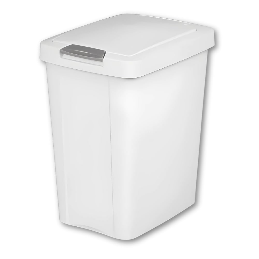 7.5 Gallon White Wastebasket With Touch-Open Lid: Ideal Office Trash Can, Under Sink Trash Can, Or Garbage Can With Lid For Kitchen, Bathroom, Mudroom
