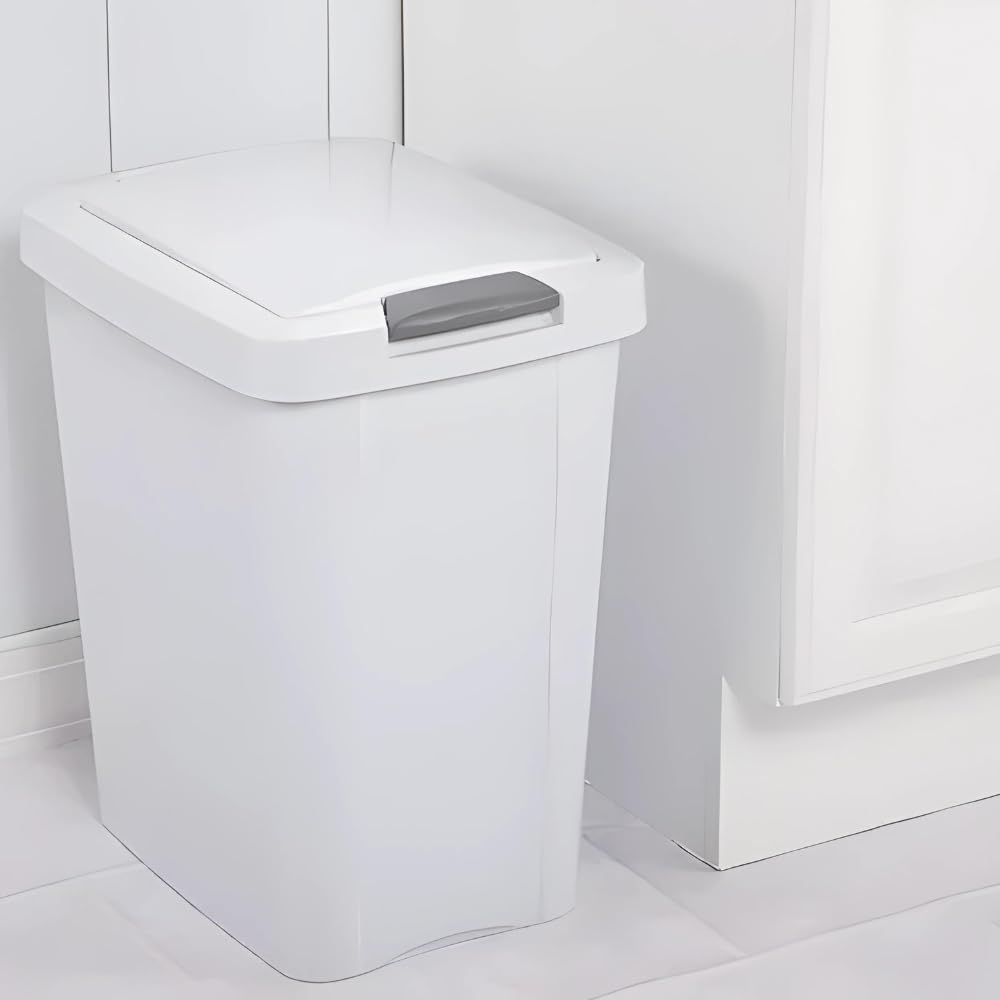7.5 Gallon White Wastebasket With Touch-Open Lid: Ideal Office Trash Can, Under Sink Trash Can, Or Garbage Can With Lid For Kitchen, Bathroom, Mudroom