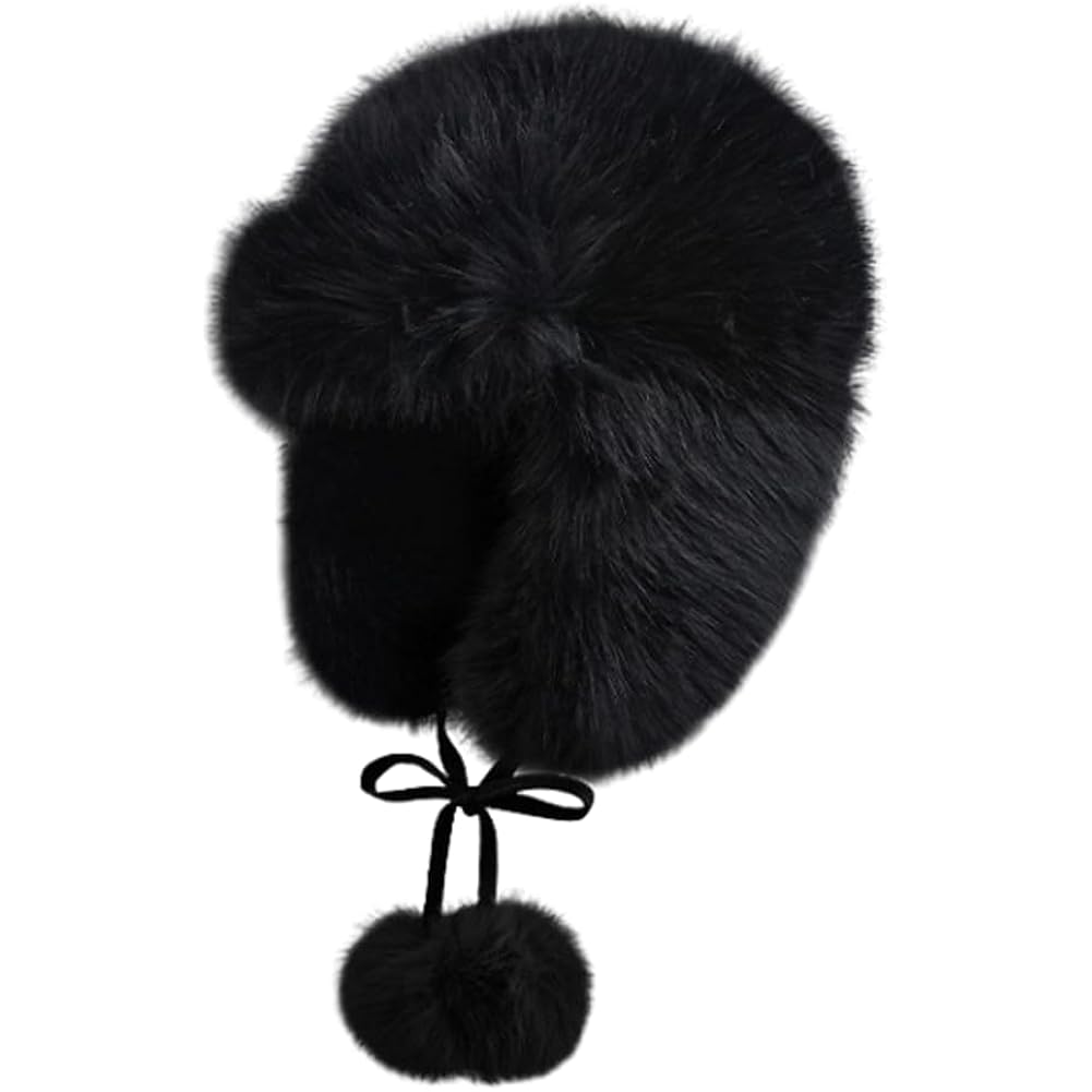 Women Faux Fur Trapper Hat Fuzzy Ushanka Hat Long Pile Faux Fur with Pom Pom Winter Warm Hat Ski Hat Outdoor