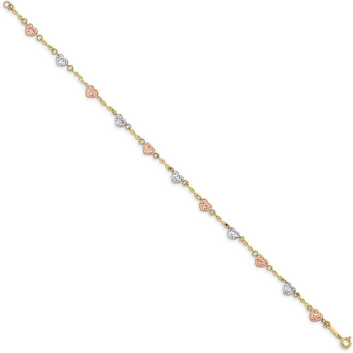 14K Tri-Color Gold Diamond-cut Puff Heart Chain Bracelet 6" to 8"