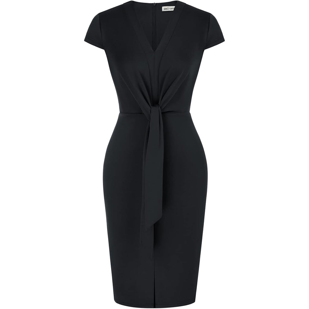Women's Summer Midi Dresses Cap Sleeve Tie Waist Work Dress Slit V-Neck Bodycon Dress Business Casual Outfits