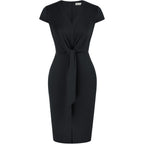 Women's Summer Midi Dresses Cap Sleeve Tie Waist Work Dress Slit V-Neck Bodycon Dress Business Casual Outfits