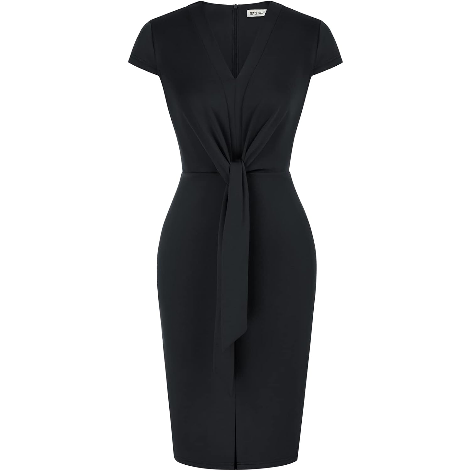 Women's Summer Midi Dresses Cap Sleeve Tie Waist Work Dress Slit V-Neck Bodycon Dress Business Casual Outfits