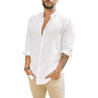 Jekaoyi Mens Summer Casual Long Sleeve Cotton Linen Shirts Button Up Solid Plain Roll-Up Sleeve Beach Shirts