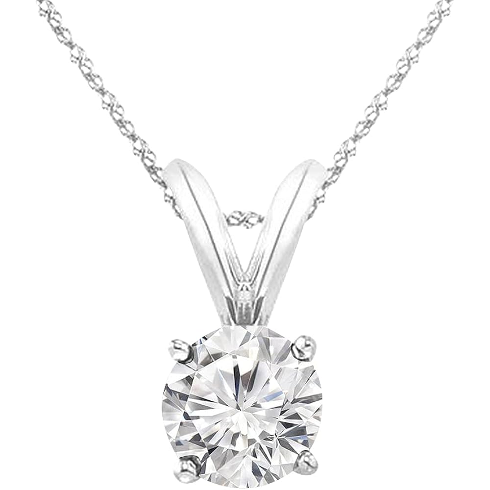 0.5 to 10 Carat 14K White Gold Lab Grown Diamond Solitaire Pendant Necklace, Round Cut Solitaire, 4-Prong Setting, Jewelry for Women (E-F, VS)