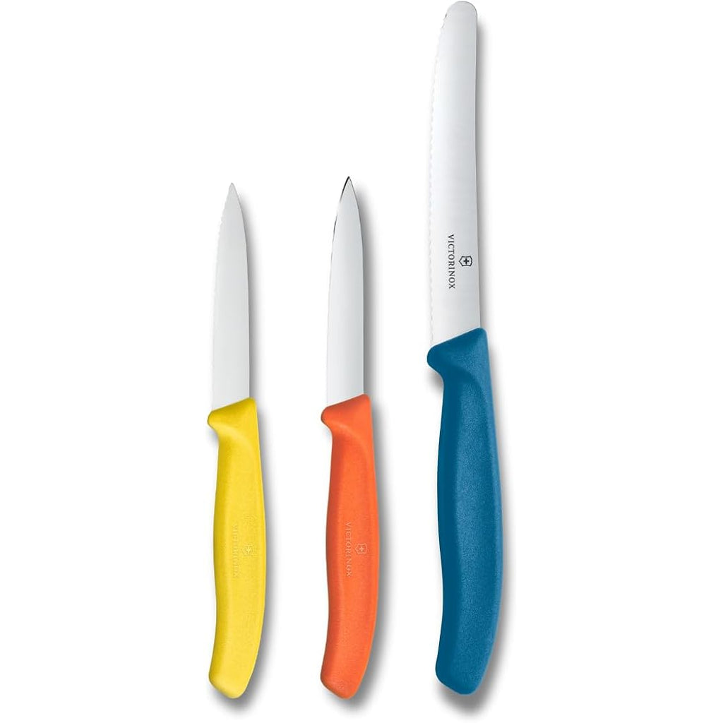 Victorinox Swiss Classic Paring Knife Set, 3 Pieces, Stainless Steel | Trio Of Sharp Straight & Wavy Edge Fruit Peeler Knives, Ergonomic Handles In Yellow, Orange & Blue, Dishwasher Safe