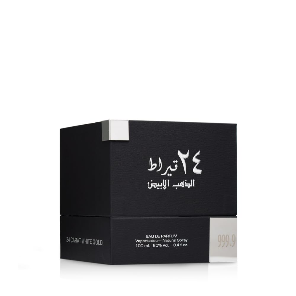 Lattafa 24 Carat White Gold – Fresh, Spicy, Woody – Eau de Parfum Spray Long-Lasting Fragrance for Unisex, 3.4 Ounce / 100 ml