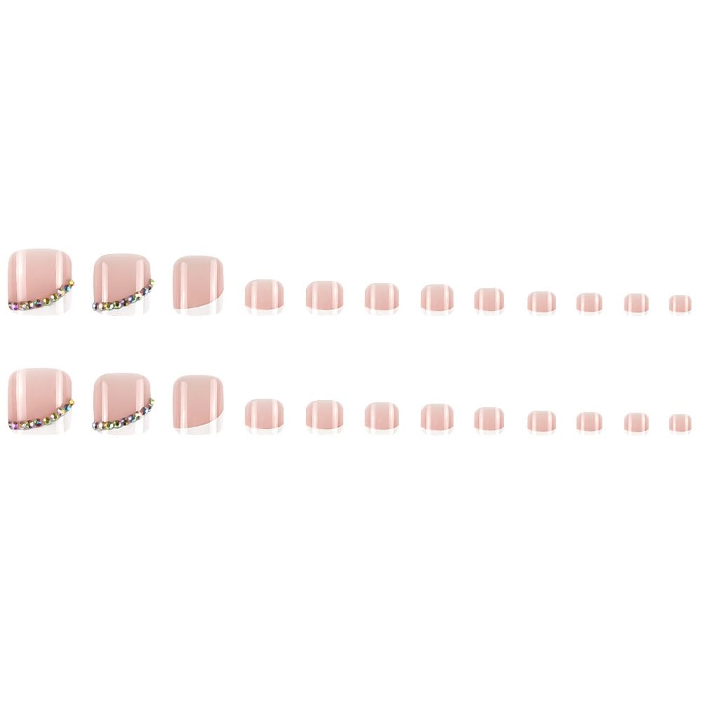White French Tip Press on Toenails Short Square Fake Toe Nails with Rhinestone Design Acrylic Toe Nails White Toenail Tips Glossy Glue on Toenails for Women and Girls Manicure Decorations 24 Pcs