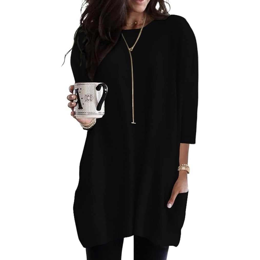 Womens 3/4 Sleeve Tunics Or Tops To Wear With Leggings Long Shirts Blouses With Pockets S-3Xl