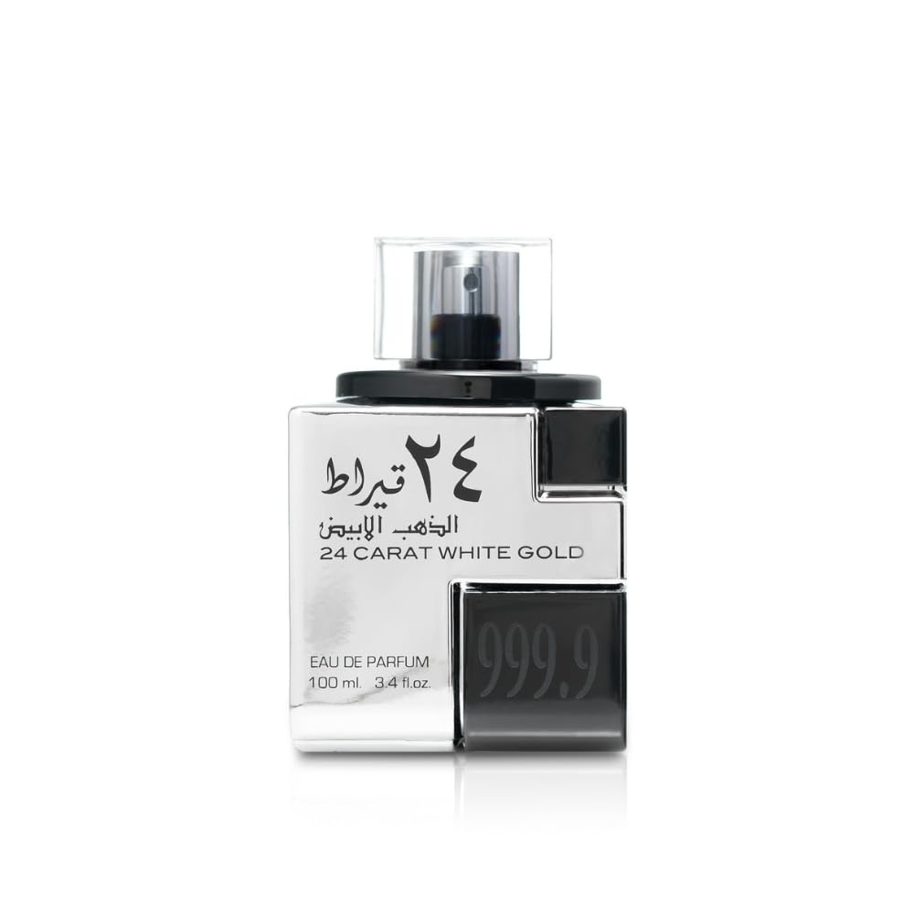 Lattafa 24 Carat White Gold – Fresh, Spicy, Woody – Eau de Parfum Spray Long-Lasting Fragrance for Unisex, 3.4 Ounce / 100 ml