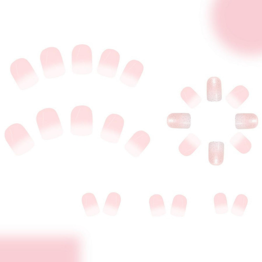 24 Pcs Gradient Pink White Press on Nails Short Square Shaped False Nails with Glitter Designs Fake Nails Bling Acrylic Nails Full Cover Stick on Nails for Women Nails Manicure Decoration