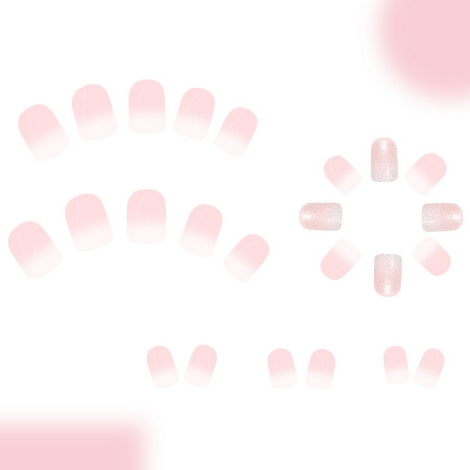 24 Pcs Gradient Pink White Press on Nails Short Square Shaped False Nails with Glitter Designs Fake Nails Bling Acrylic Nails Full Cover Stick on Nails for Women Nails Manicure Decoration