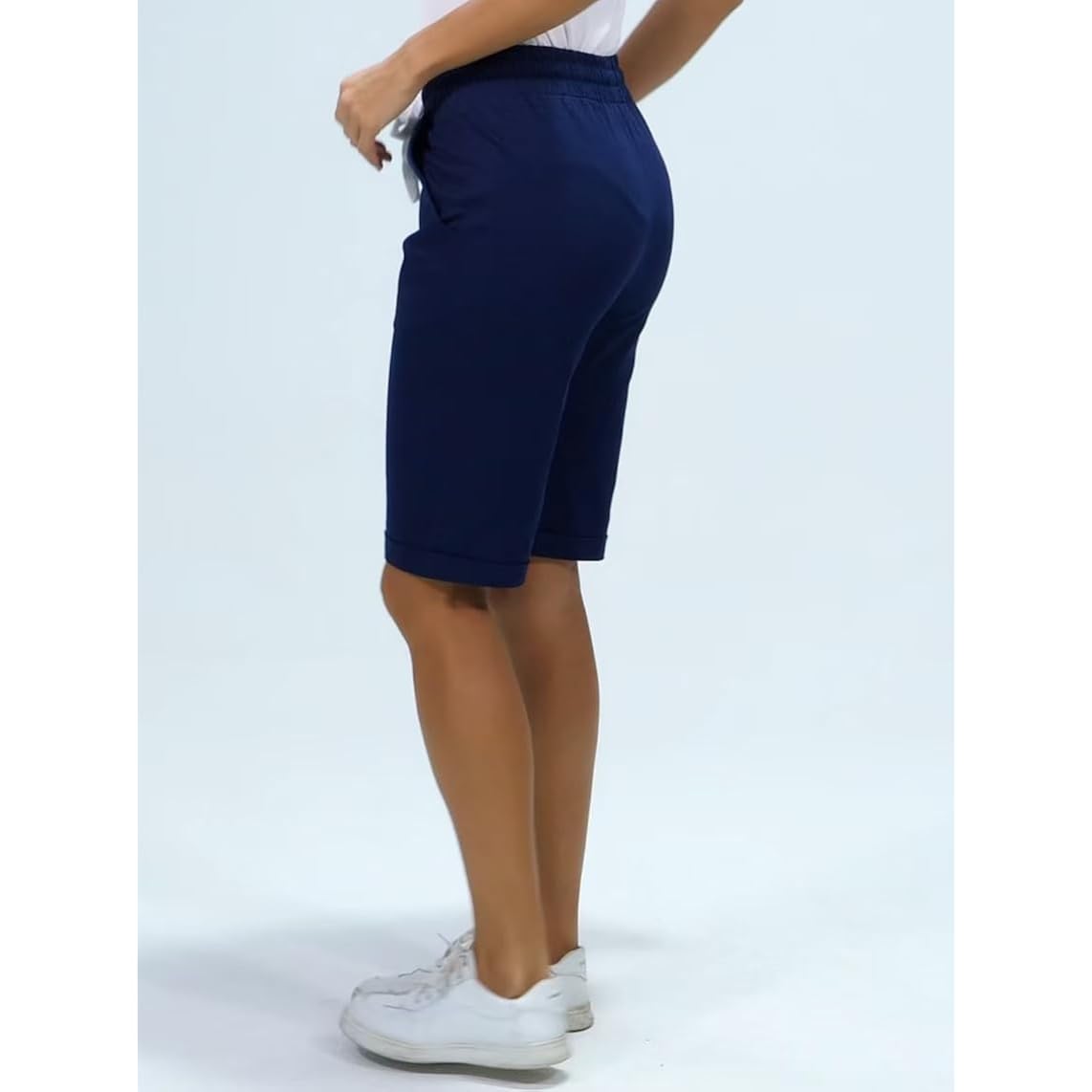 Shorts for Women Cotton Bermuda Shorts with Pockets Elastic Waist Knee Length Casual Athletic Walking Shorts
