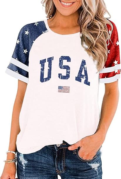 American Flag Stars Stripes Shirts for Women 4th of July Patriotic Shirt Cute Graphic Blouse USA Flag Tops Summer Tee