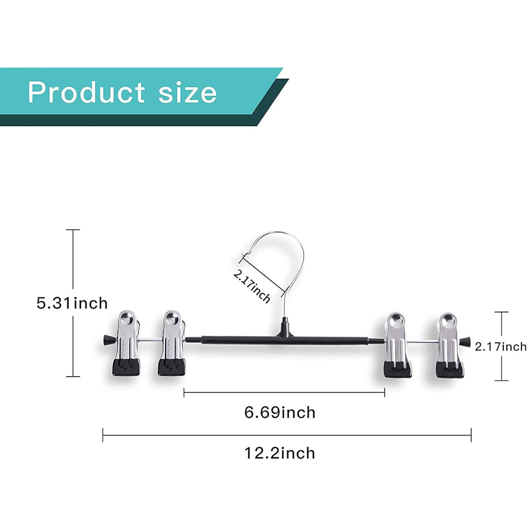 Pants Hangers With Clips For Women 20 Pack Adjustable Heavy Duty Space Saving Skirt Hangers Non-Slip Trousers, Jeans Clothes ,Shorts Black,12Inch
