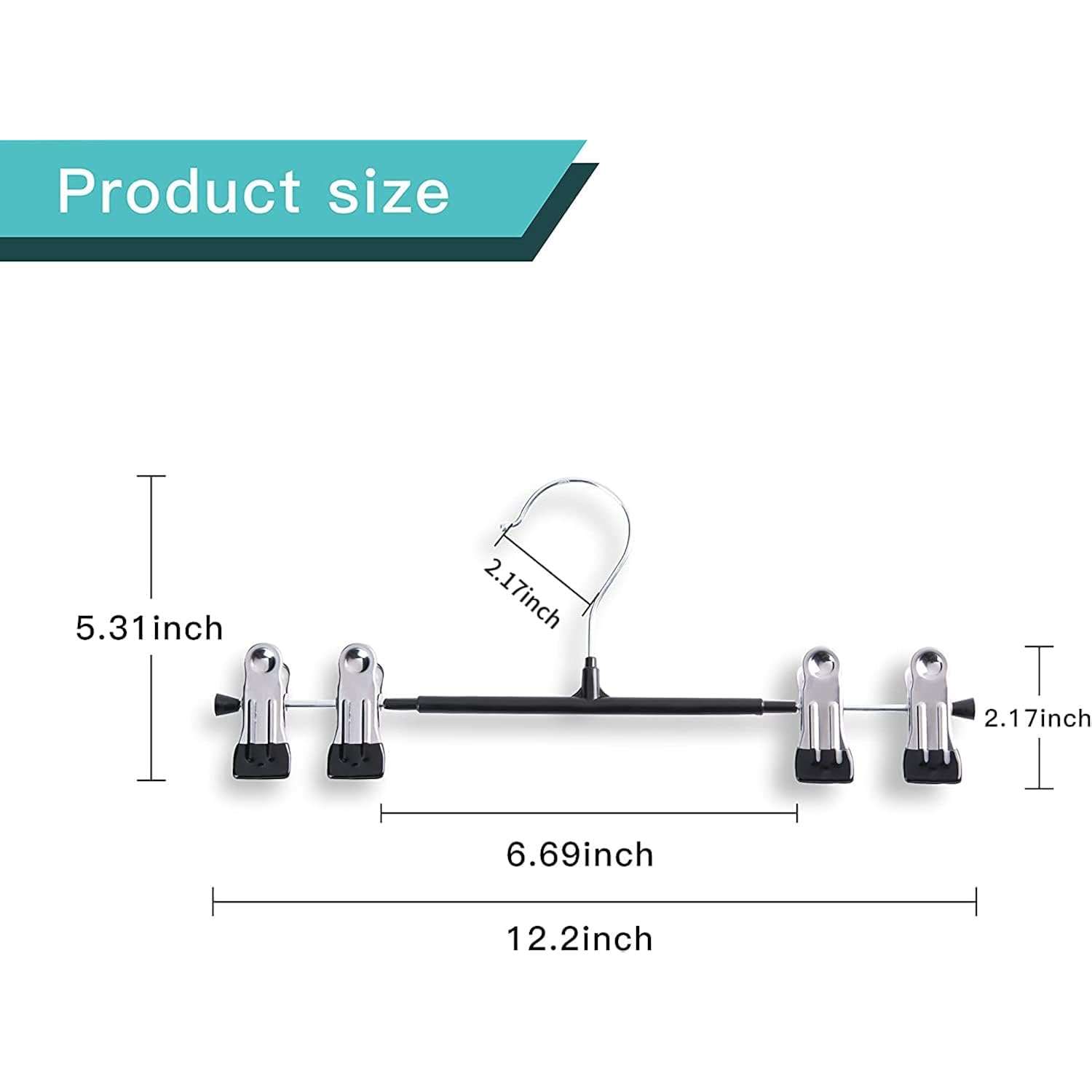 Pants Hangers With Clips For Women 20 Pack Adjustable Heavy Duty Space Saving Skirt Hangers Non-Slip Trousers, Jeans Clothes ,Shorts Black,12Inch