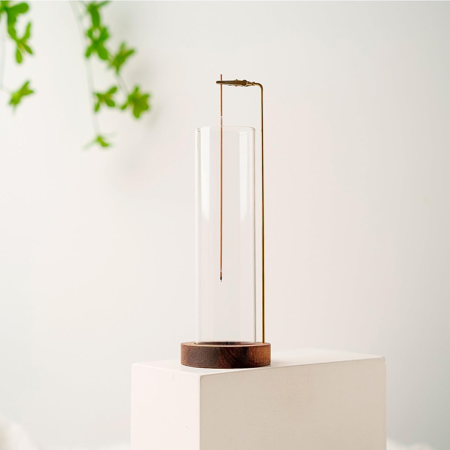 Incense Holder For Sticks, Anti-Ash Flying Incense Burner With 30 Incense Sticks, Detachable Glass Ash Catcher (Wood, Brown)